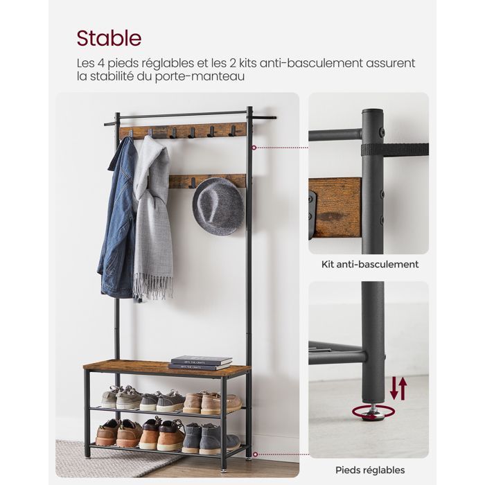 VASAGLE Porte-manteau avec Étagère à Chaussures, Meuble d’Entrée avec Banc, 3-en-1, Cadre en Acier, 32 x 85 x 175 cm, Marron et Noir