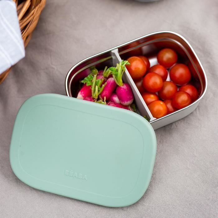 BEABA, Edelstahl-Lunchbox für Kinder mit Silikondeckel und Schutzhülle, Samtgrau und Salbeigrün