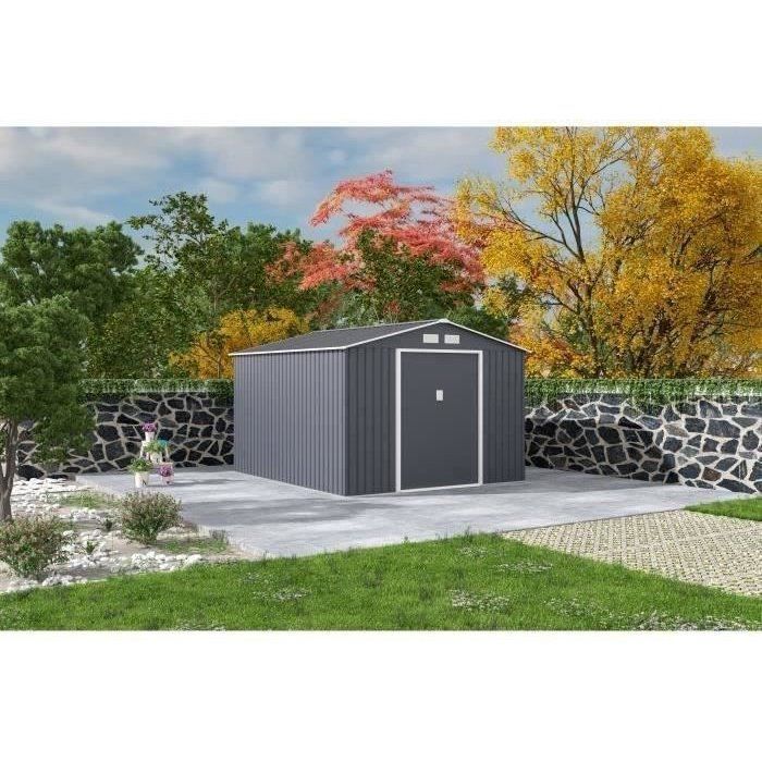 Metalen tuinschuur 8,84 m² - 277 x 319 x 202 cm - URANUS - Inclusief verankeringsset, 2 schuifdeuren - Grijs