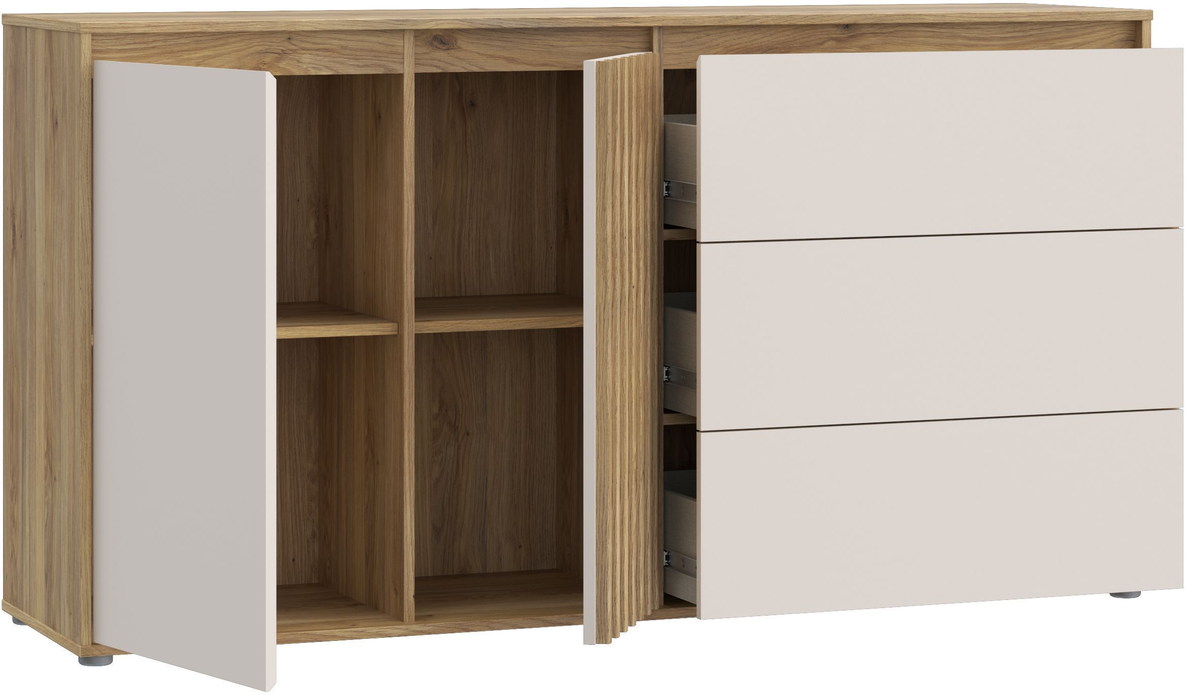 Buffet ELISTON - Blanc Mat & Chêne – 2 Portes + 3 Tiroirs – L 159,6 × P 41,5 × H 81,7 cm