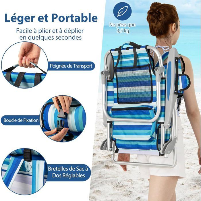GIANTEX foldbar strandstol med justerbar ryglæn i 5 positioner, aluminiumsramme, 150 kg lasteevne, til fiskeri, 62x69x80 cm, blå stribe, 1 stk.
