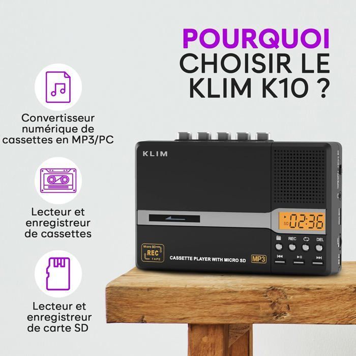 K10 Lecteur Cassette Audio & Enregistreur, Baladeur Cassette & Convertisseur en MP3 + Micro & Haut-Parleur Intégrés + Écouteurs
