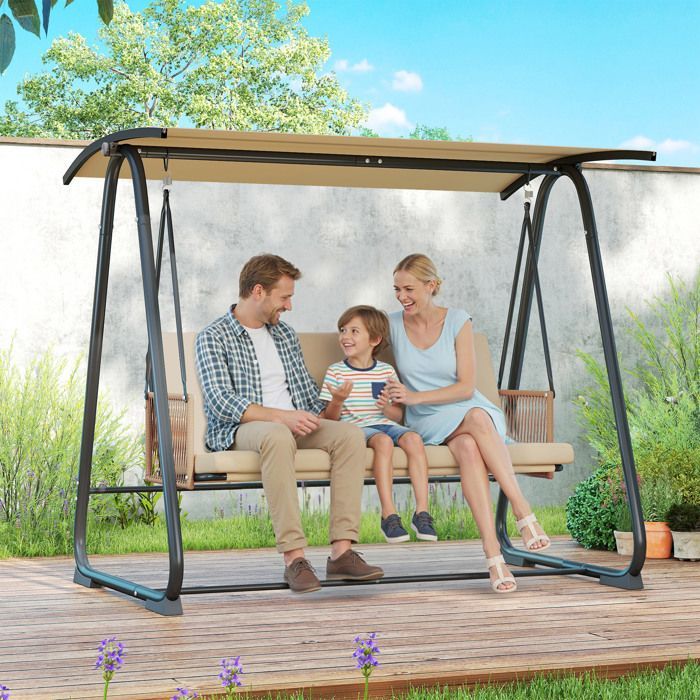 Altalena da giardino - Outsunny - 3 posti con tetto regolabile, robusta struttura in acciaio (portata 360 kg), cuscino 7 cm - 203x121x165 cm - sabbia