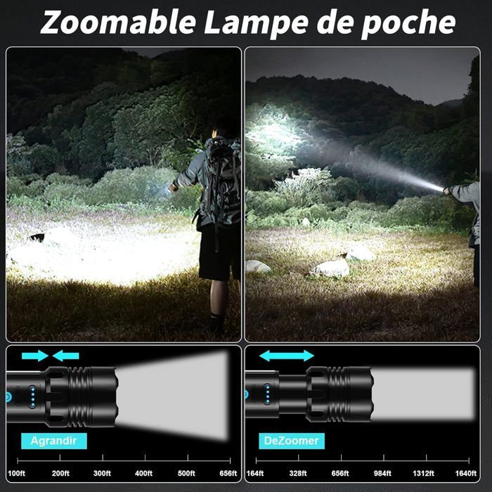 Linterna LED ultra potente: 1.000.000 lúmenes, recargable, 7 modos, resistente al agua IPX7, ideal para acampar y hacer senderismo.