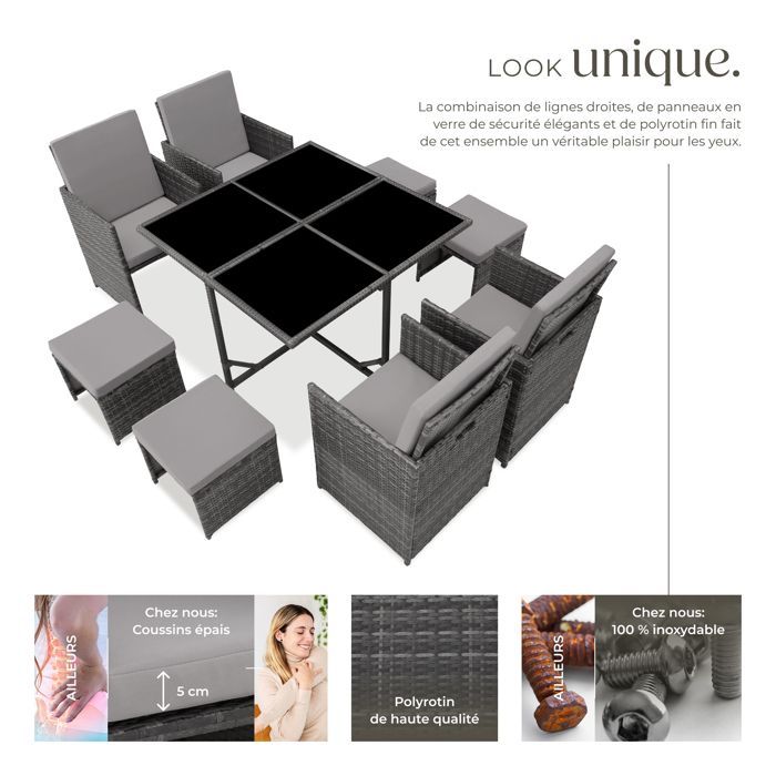 Salon de jardin - TECTAKE - Ensemble détente repas d'extérieur BILABO 8 personnes résistant pliable en résine tressée - Gris