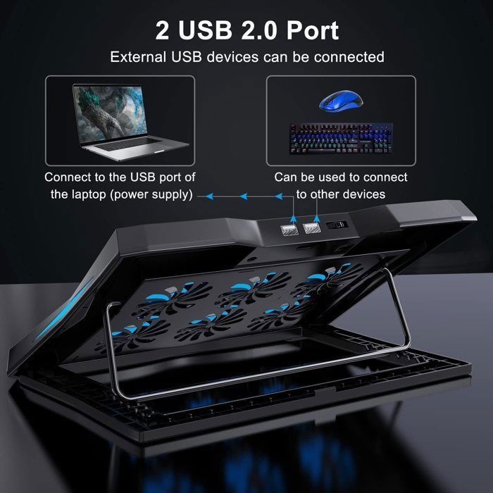Cooler para laptop com 6 ventoinhas silenciosas, fluxo de ar ajustável e altura ajustável para laptops de 12