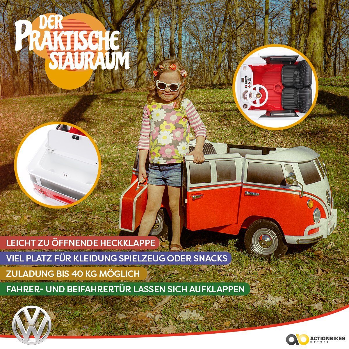 Dětské elektrické auto Actionbikes Motors, elektromobil VW Bus Bulli T1, nosnost 40 kg, (2 kusy), pneumatiky z plné gumy EVA - VW Bulli - od 3 let. Dětské elektromobil