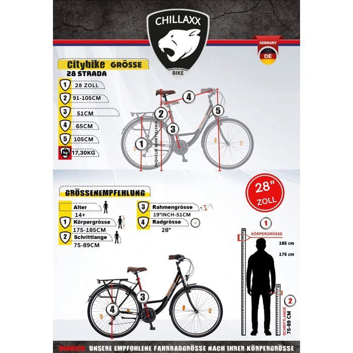 Chillaxx Strada Premium City Bike - Noir frein en V, 28 pouce