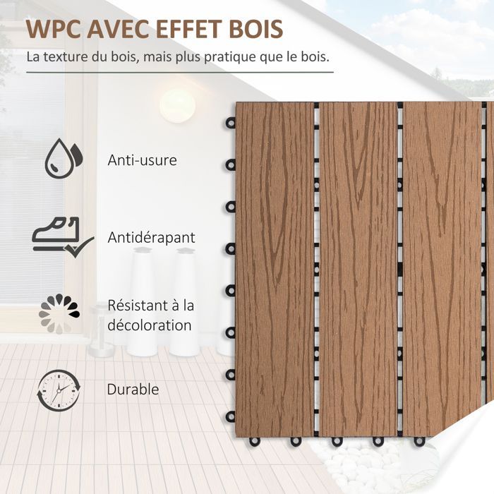 Dalles terrasse - Outsunny - caillebotis lot de 11 pcs emboîtables installation simple - composite - 30x30cm