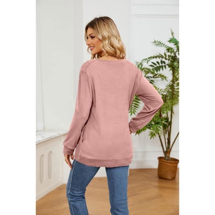 Blusa feminina de gola redonda, cor sólida, modelagem solta, mangas compridas, confortável para primavera e outono - Tamanho europeu - Rosa