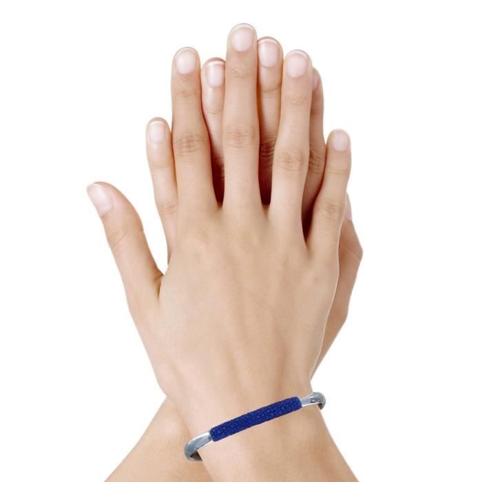 Les Poulettes Bijoux - Unisex Half-Bangle Bracelet in Rhodium-Plated Brass and Shagreen Colors - Azure