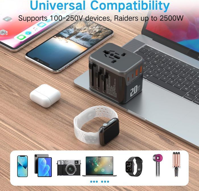 Adaptador de viaje - HAUTSTORE - Universal - 5 puertos - 2000 W - Seguridad mejorada