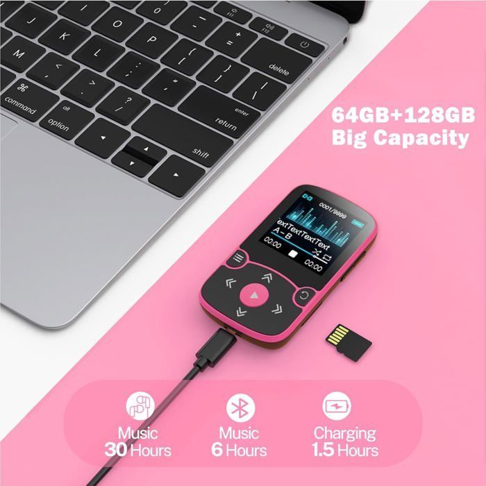 Reproductor deportivo Bluetooth MP3 AGPTEK de 64 GB con clip, reproductor de música HiFi portátil con radio FM/podómetro, ampliable para