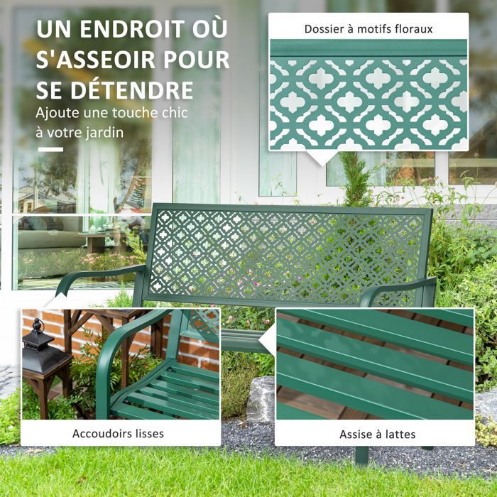 Garden bench - Outsunny - made of steel - with floral patterned backrest, armrests - for 2 people - max. load 240 kg - dark green