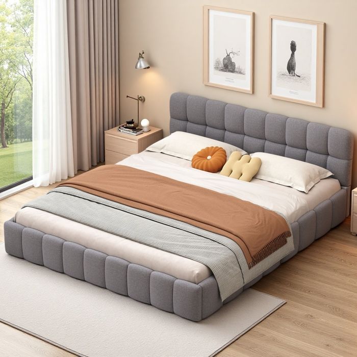 Cama de casal 140x190 cm - Tecido de linho - Estrado incluído - Design contemporâneo - 2 lugares - Cinza