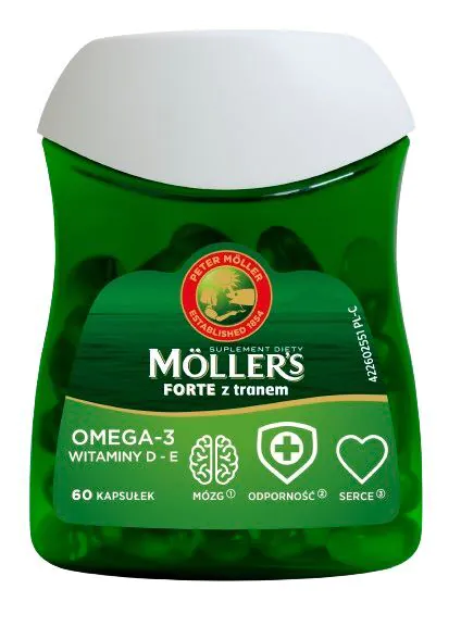 Mollers Forte z Tranem, Preparat zawierający kwasy omega-3 oraz witaminy E i D, Kapsułki