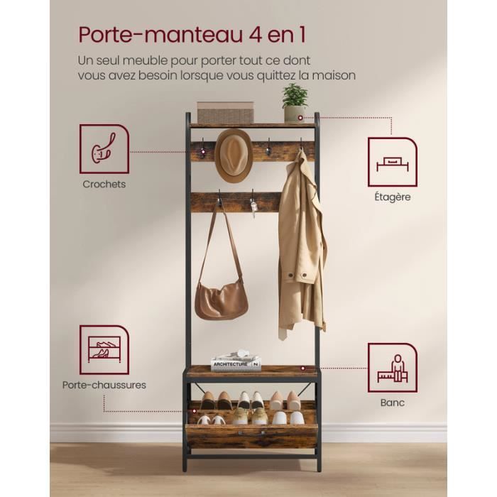 Mobile da ingresso con panca, 7 ganci e mensola - Stile industriale - Marrone rustico e nero