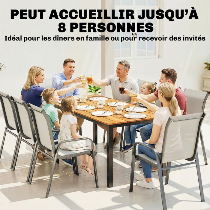 Mesa de jardín Outsunny - Para 6 a 8 personas - Rectangular - Tablero de listones - Acero y madera maciza - 180x86x74cm - Teca