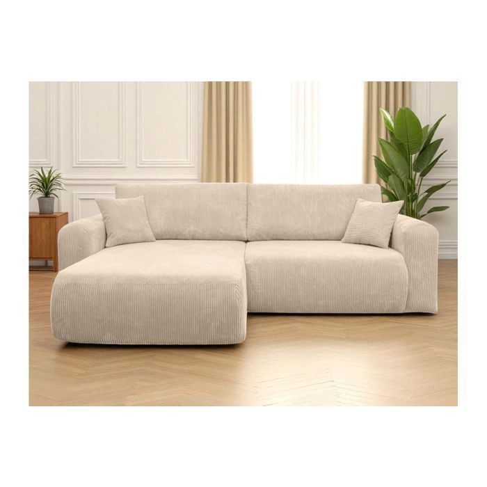 Canapé ALYA d'angle compacte réversible et convertible 4 places en velours côtelé - Beige