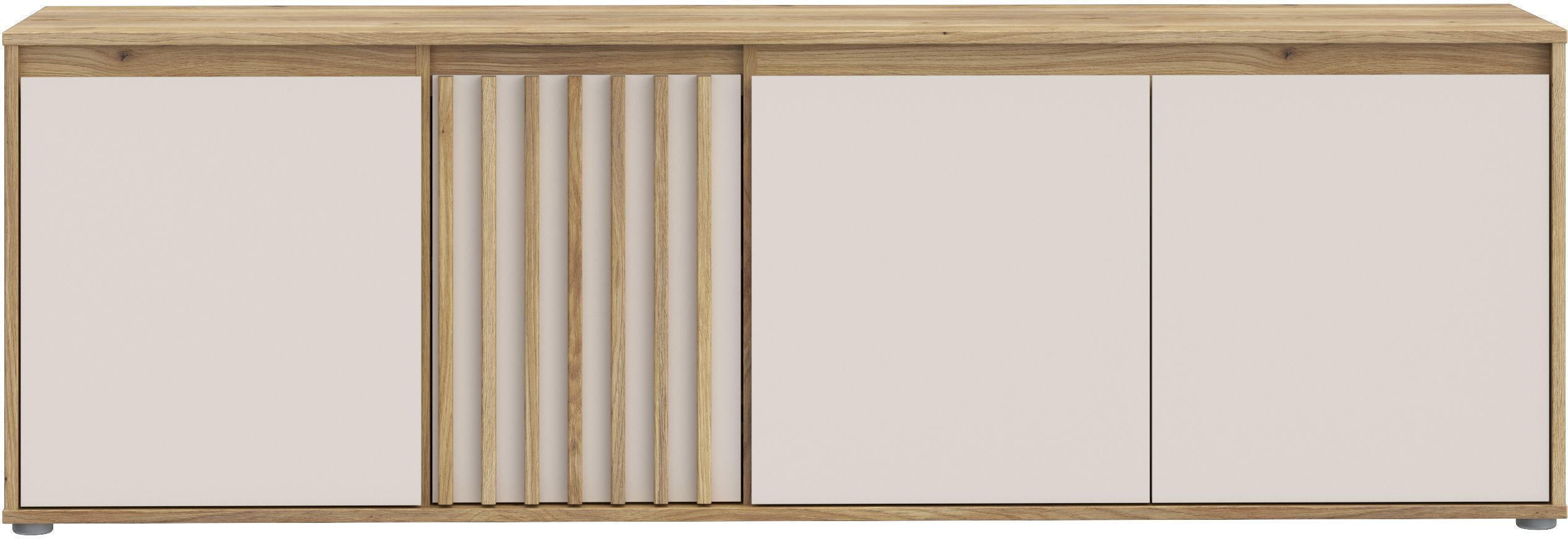 Meuble TV ELISTON – Blanc Mat & Chêne – 4 Portes – 174,3 × 41,5 × 56,1 cm
