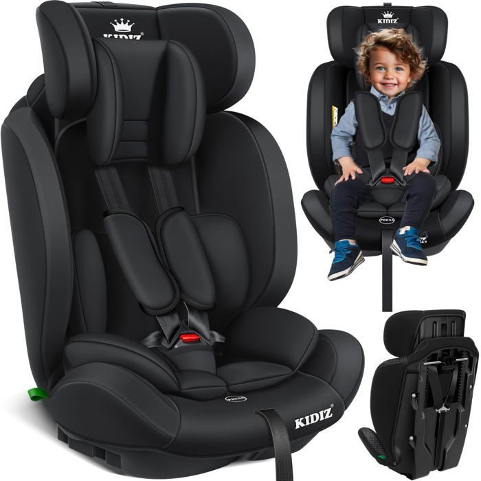 Seggiolino auto KIDIZ® per bambini e neonati da 9 a 36 kg, gruppo 1+2+3, cintura di sicurezza a 5 punti, poggiatesta regolabile e convertibile, nero.
