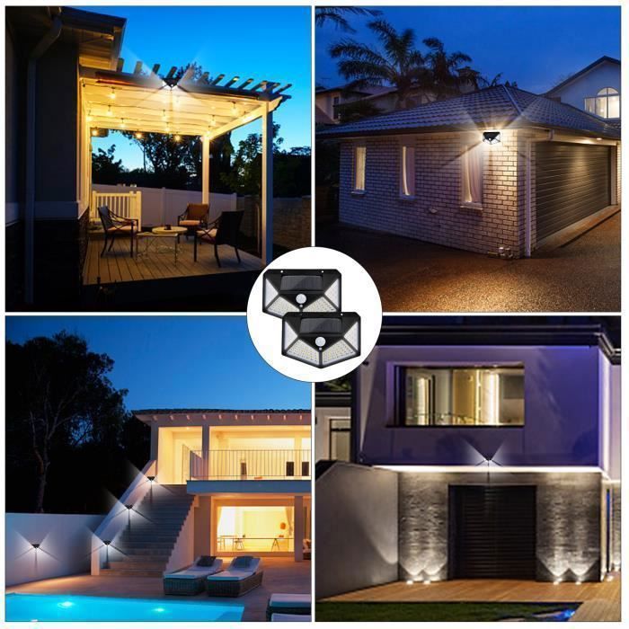 Lampe Solaire Extérieur 100 LED - 2 Pack - Détecteur de Mouvement - éclairage 270° - Noir