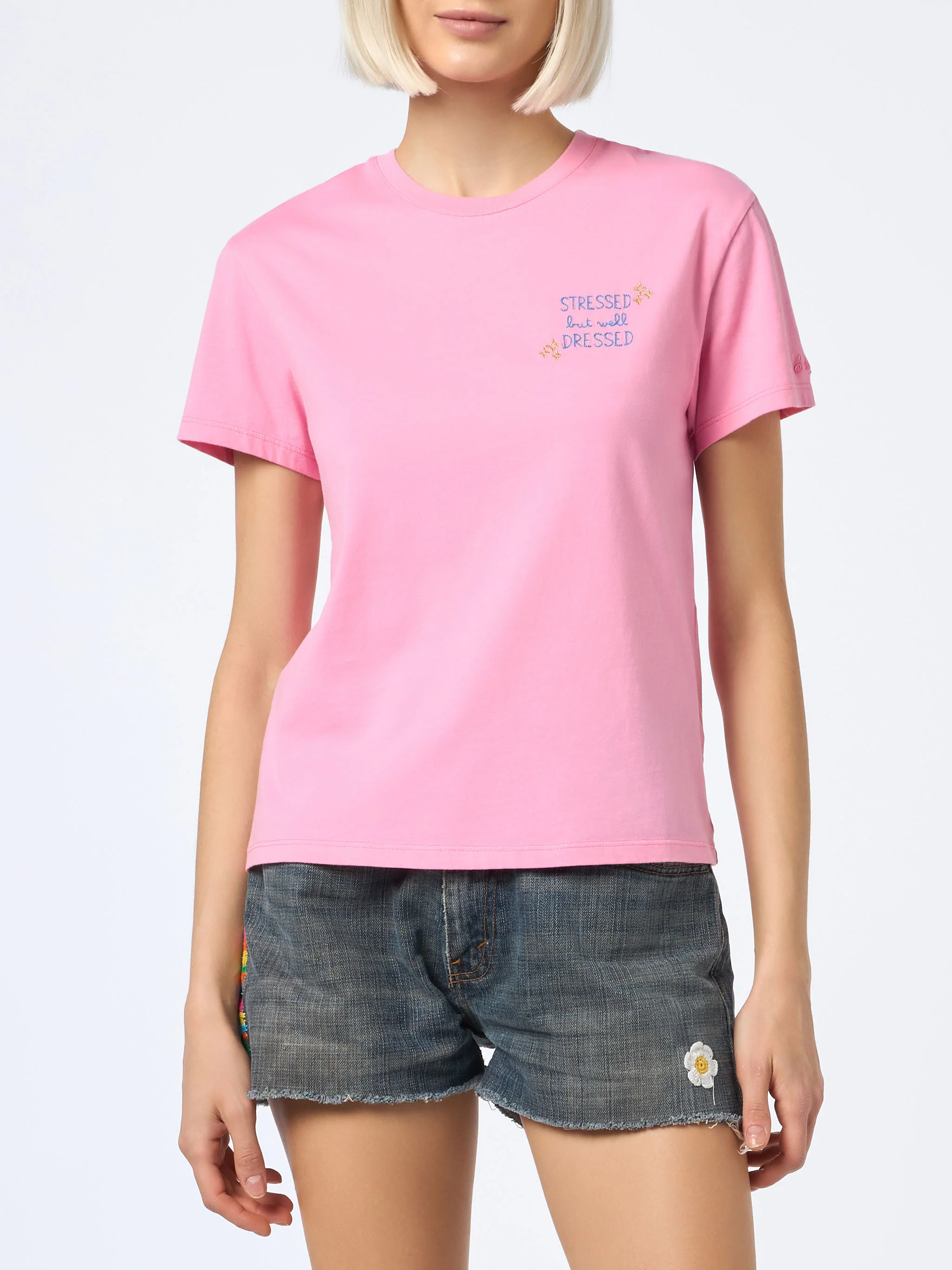 Emilie dames T-shirt met ronde hals van katoenen jersey met Stres-borduurwerk.