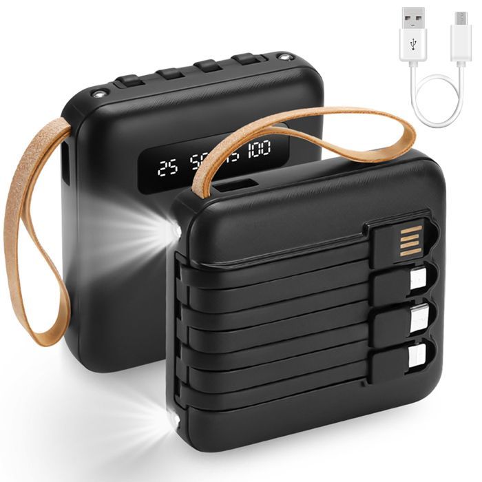 Batterie Externe 15000mAh Chargeur Portable avec 4 Câbles Intégrés Batterie 6 Sorties et 3 Entrées ,LED L'affichage et Lampe