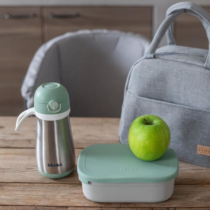 BEABA, portapranzo per bambini in acciaio inox con coperchio in silicone e copertura protettiva, grigio velluto e verde salvia