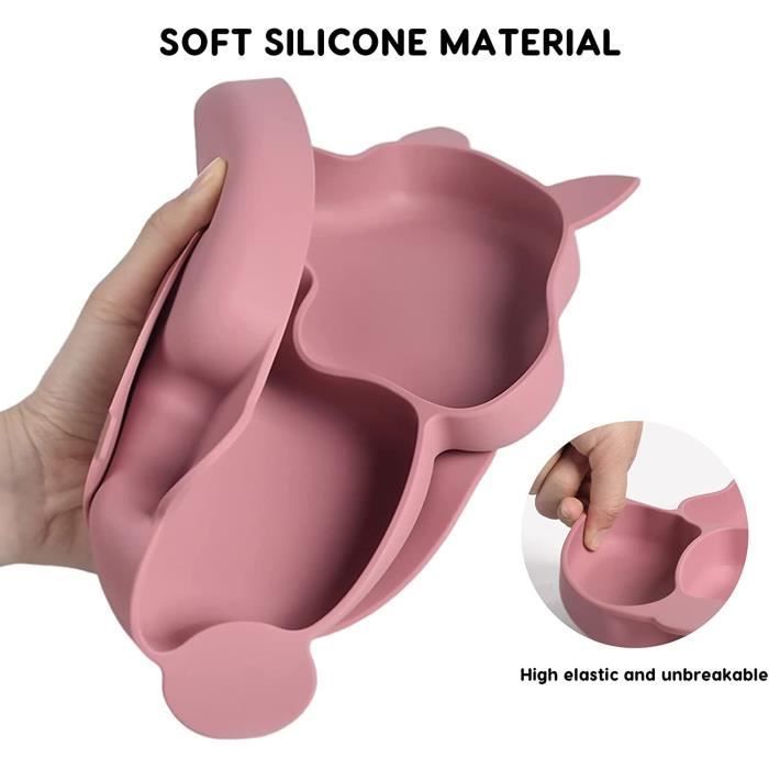Juego de comida para bebé, juego de 8 piezas de silicona con plato, cuenco, vaso y cubiertos con ventosa (rosa)