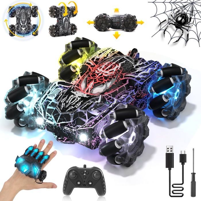 Spider Voiture Télécommandée Enfant avec Lumières - 360° Rotation - 2.4GHz - Jouet Cadeau pour Garçon Fille 3-9 Ans - noir