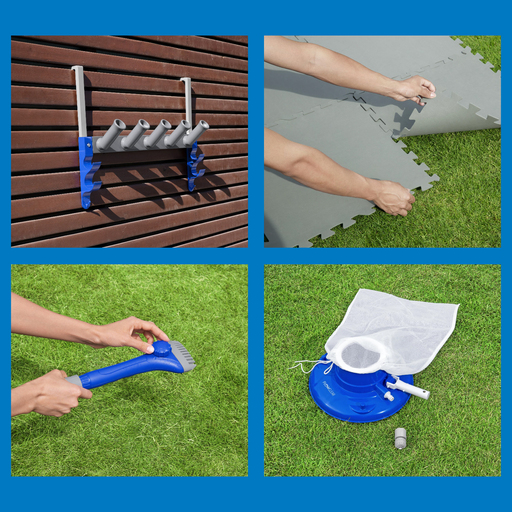 Pack piscine Kokido comprenant un nettoyeur de piscine, une brosse, une protection, un organiseur et un support pour tuyau d'arrosage.
