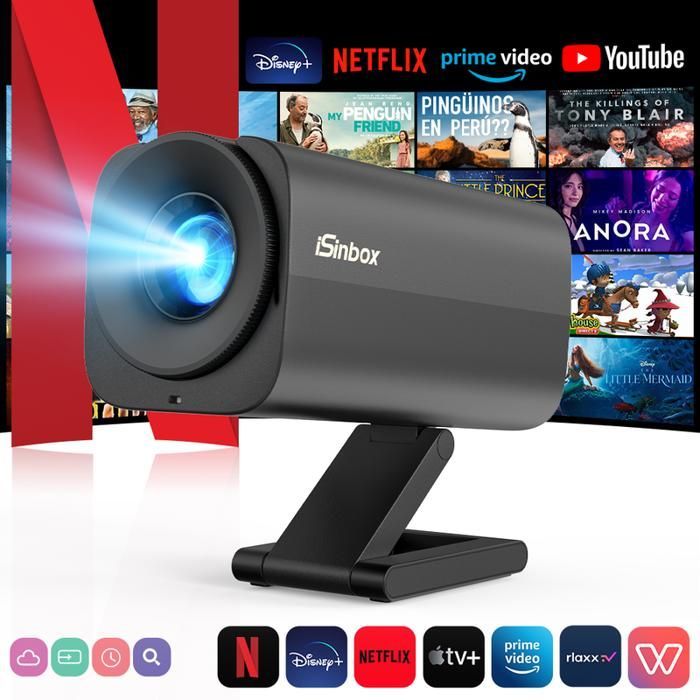 Projetor portátil Isinbox Mini 4K com Wi-Fi e Bluetooth, tela de 130