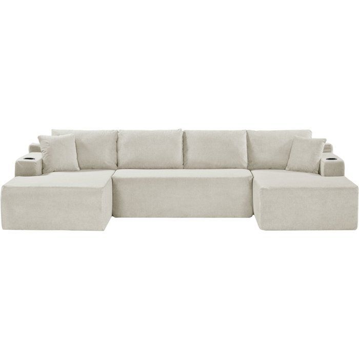 Modulaire, compacte bank - 4-zits - ROGER - Crèmebeige stof - Opbergruimte & bekerhouder - 339 x 168 x 84 cm