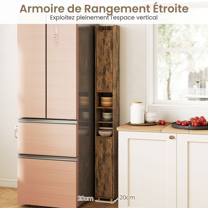 GIANTEX Smalle Badkamerkolom - Verstelbare Planken - 2 Open Vakken - 2 Deuren - Handdoekrek - 20x20x179cm - Café