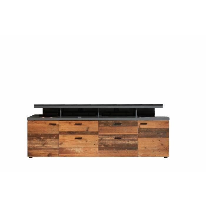 Mueble para TV MOOD con 2 puertas y 2 cajones - Madera envejecida y melamina gris mate - 180 x 47 x 66 cm