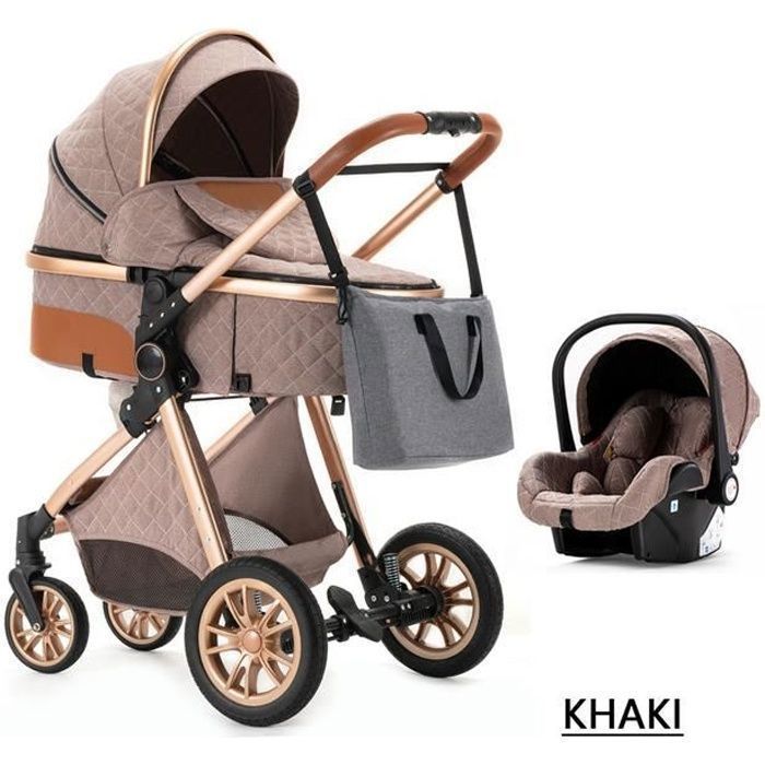 BAZARLAND30 Passeggino 3 in 1, seggiolino auto, navicella, trio, reversibile, regolabile, ruote antiforatura di alta qualità, maniglione kaki