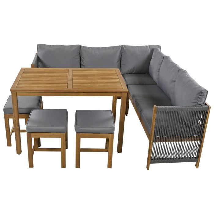 Set di mobili da giardino per 7-8 persone - 2 divani, 3 sgabelli e 1 tavolo da pranzo - struttura in legno di acacia - Grigio