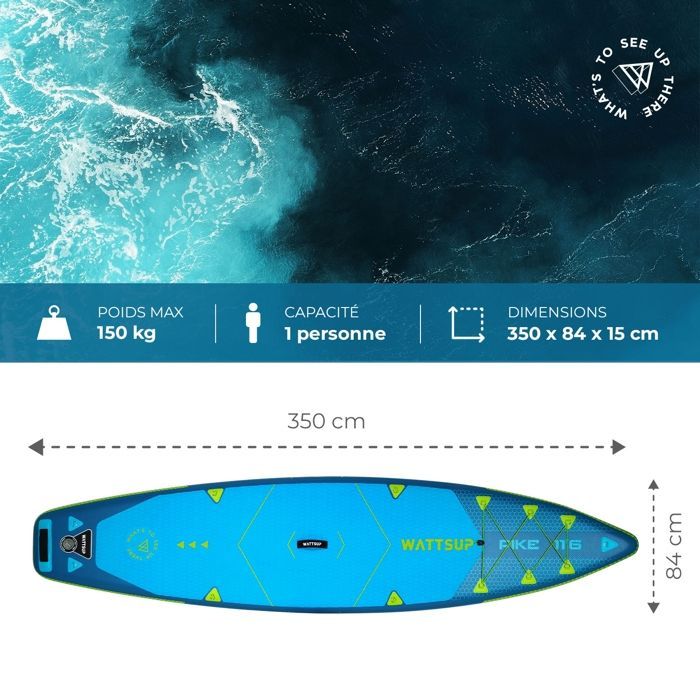 Stand Up Paddle WATTSUP gonflable Pike 11'6 - Mixte - Bleu/ Vert - 1 place - 13,5 kg
