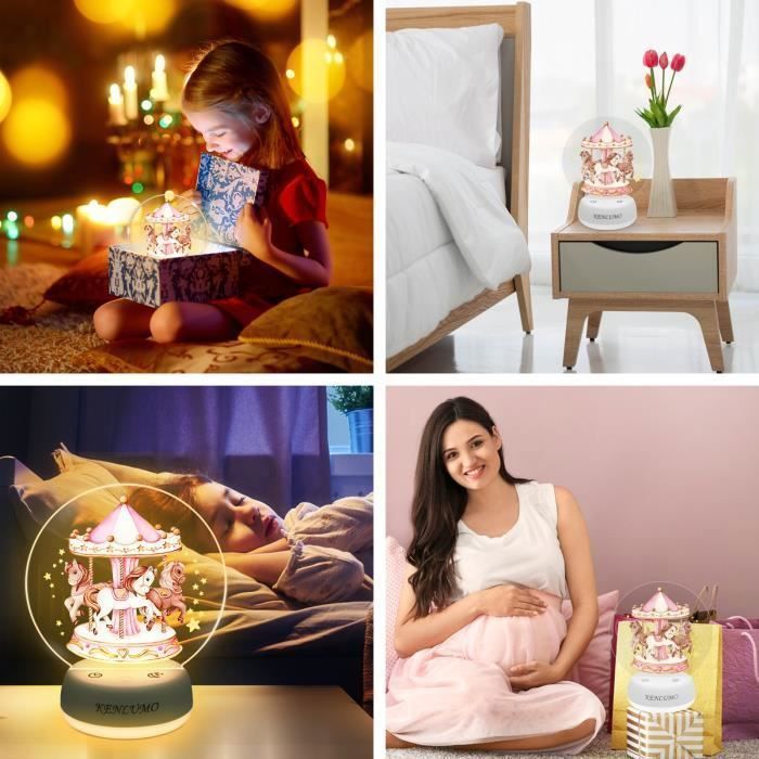 Luminária Noturna Carrossel KENLUMO para Bebê, Presente de Natal e Infantil, Luz Branca e Quente, Três Cores, Brilho Ajustável, Abajur de Cabeceira