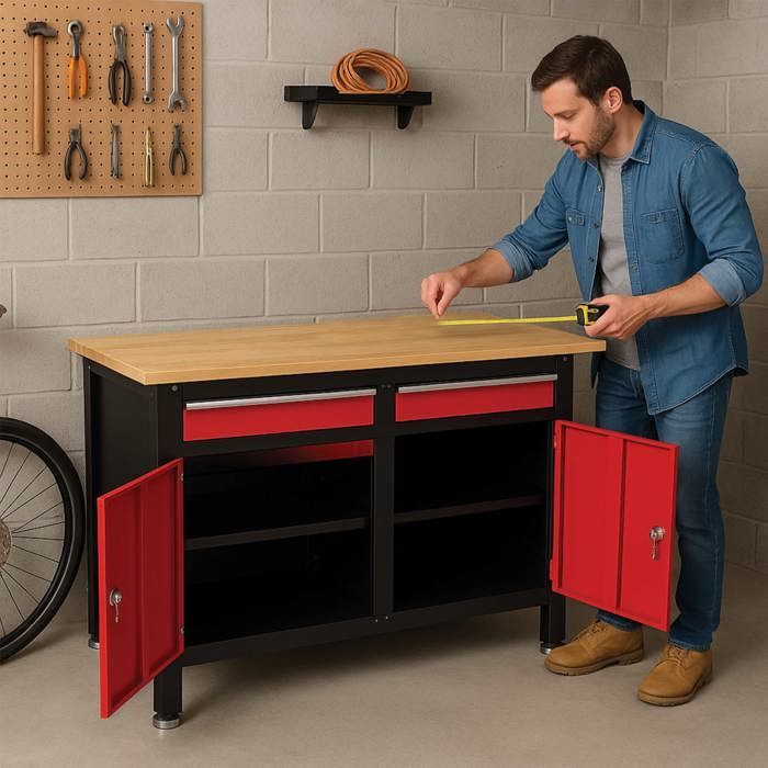 120 cm lange Werkbank aus Stahl und Holz mit Schraubstock – 2 Schubladen, 2 Türen, Arbeitsplatte aus Hevea-Holz – Tragkraft: 150 kg