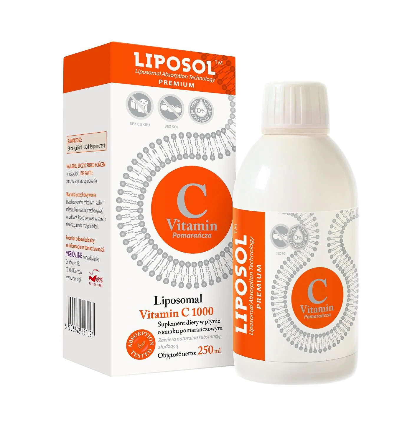Liposol Liposomalna Witamina C, Smak pomarańczowy, Płyn