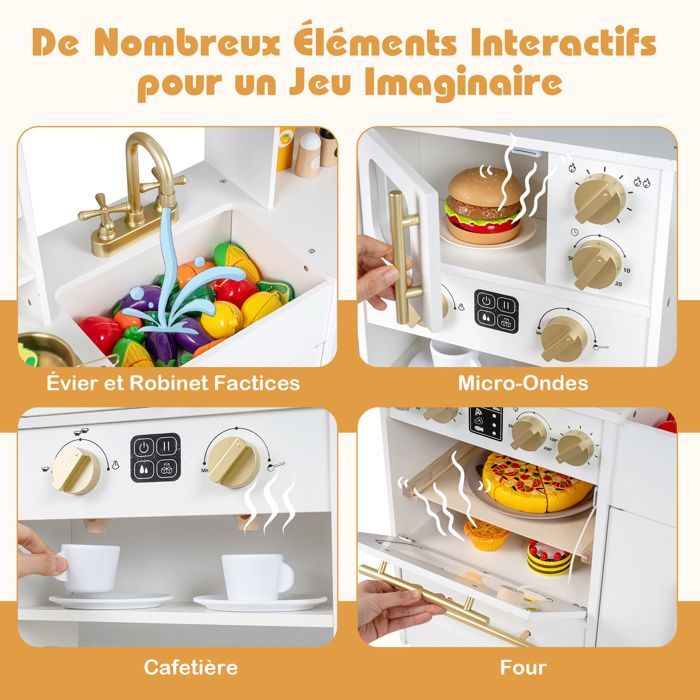 Cuisine Enfant COSTWAY en Bois 3Ans+, 12 Accessoires, Lumières et Sons, avecMachine à Glace, Micro-ondes, Machine à Café Blanc