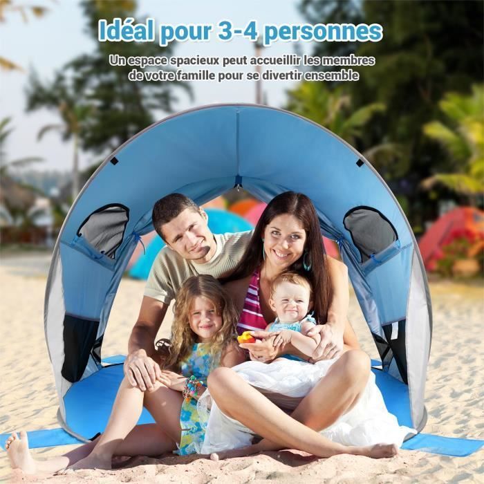 Tienda de playa plegable GYMAX con bolsa de transporte, ventanas, protección solar, capacidad para 3-4 personas, ideal para picnics y viajes, color azul.