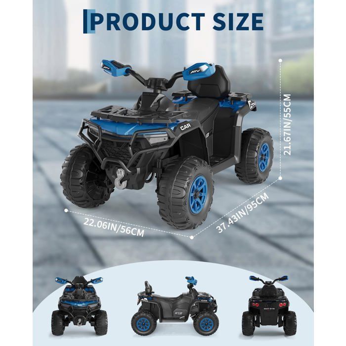 Quad 12V Voiture Electrique -2 Moteurs 35W,Télécommande Parentale,LED,Musique, Bluetooth, USB, Drapeau Lumineux,3+ Ans-Bleu foncé