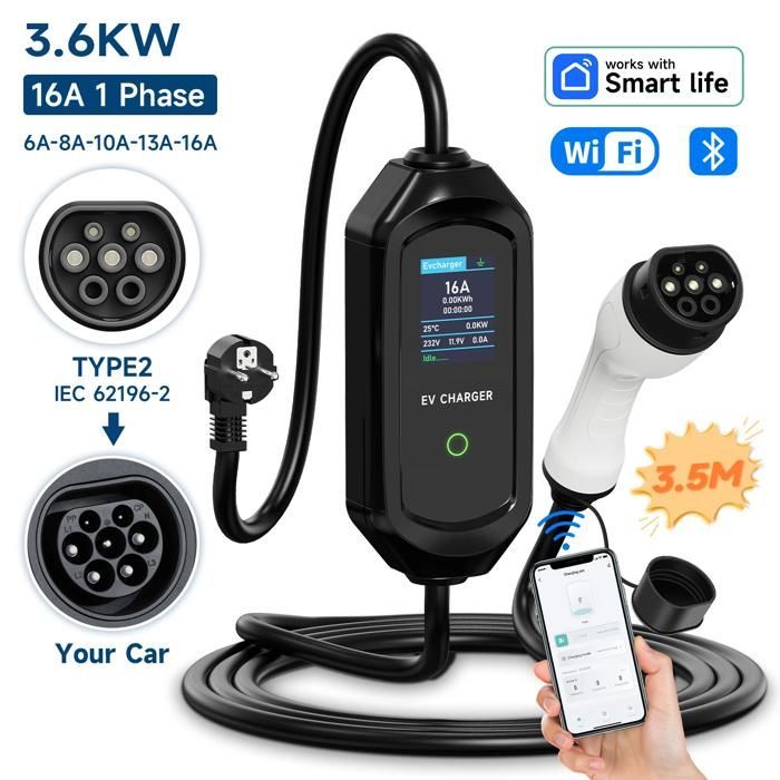 Cargador portátil para coche eléctrico, potencia de 3600 W, corriente de carga ajustable, tipo 2