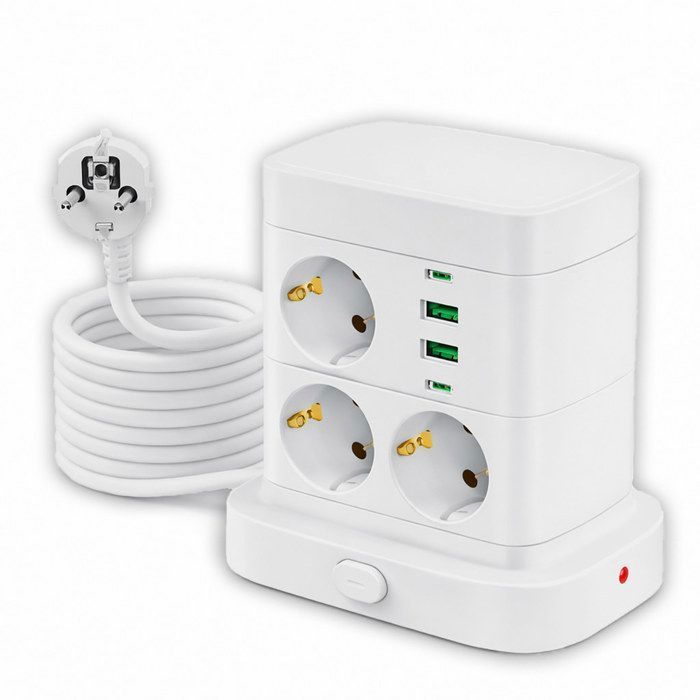 2500-W-Steckdosenleiste im Turmformat, Überspannungsschutz, 2 USB-C-Anschlüsse, 2 USB-A-Anschlüsse, mit Schalter