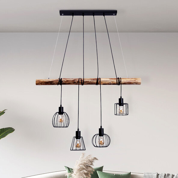 WOODLAND pendellampa, 4 ljuskällor, metall/trä