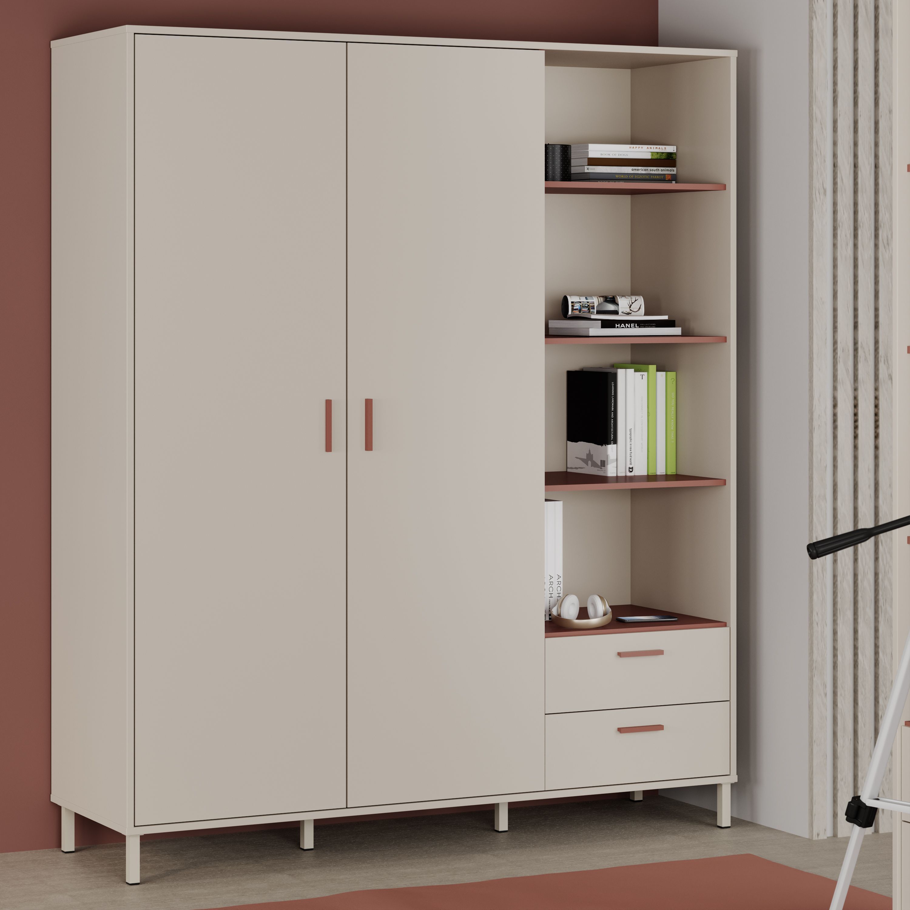 Armoire - 2 portes - étagères + tiroirs  - L168,4 x P52,9 x H201,6 cm - Cachemire et terracotta - MILLES