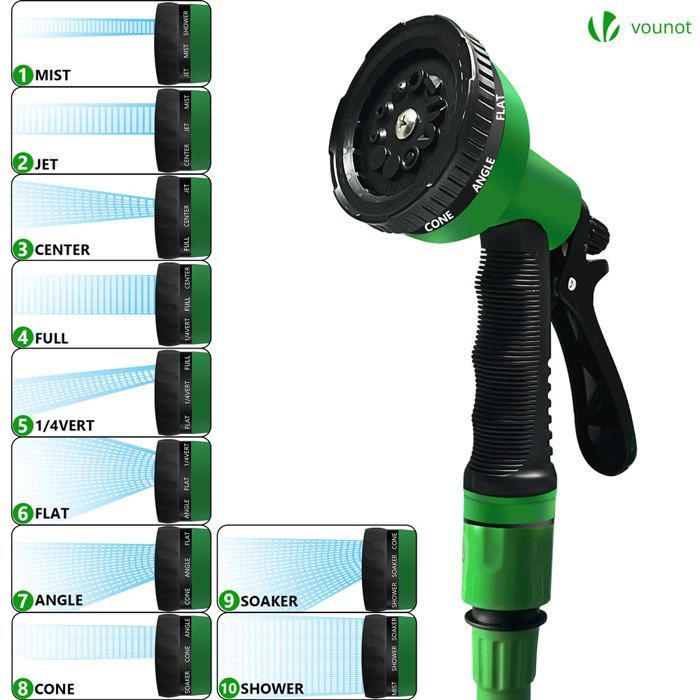 VOUNOT® Tubo da giardino espandibile verde da 15 m - 10 modalità di spruzzo - Connettore e borsa per il trasporto inclusi - Flessibile,